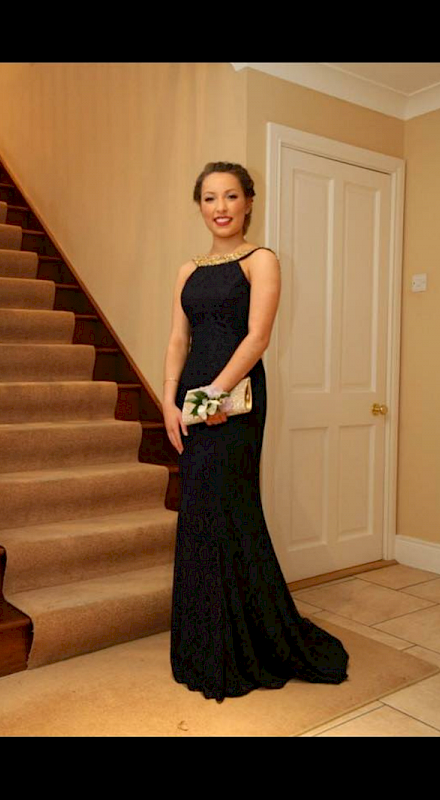 Navy lace dress with gold embellishment
