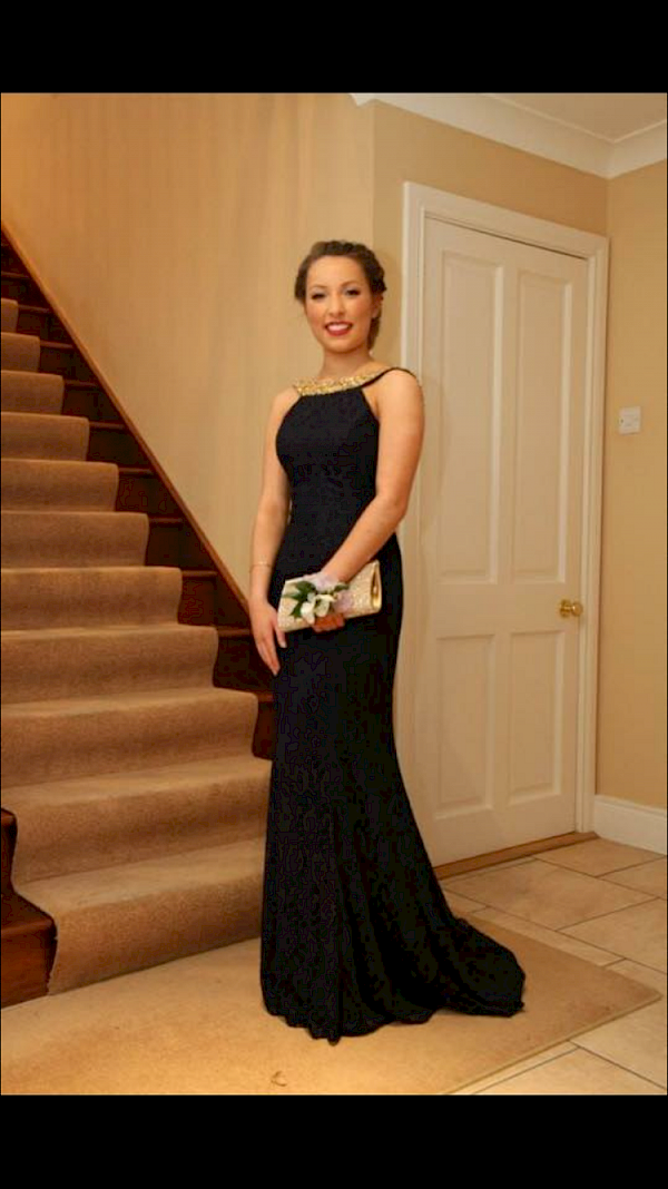 Navy lace dress with gold embellishment