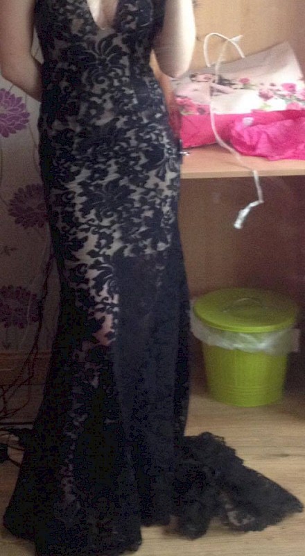 Tan with black lace overlay debs dress