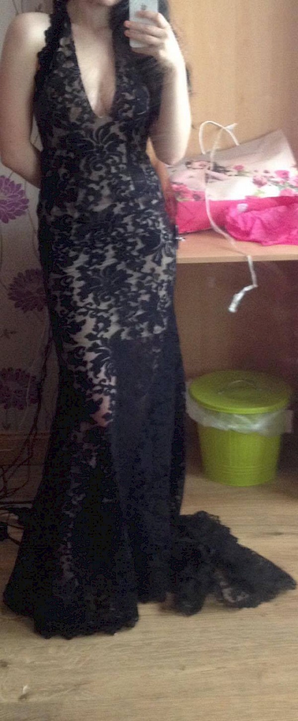 Tan with black lace overlay debs dress