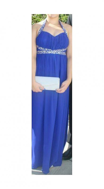 Royal blue halter neck, floor length debs dress for sale