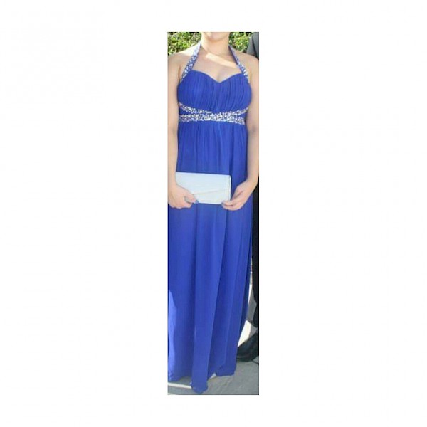Royal blue halter neck, floor length debs dress for sale