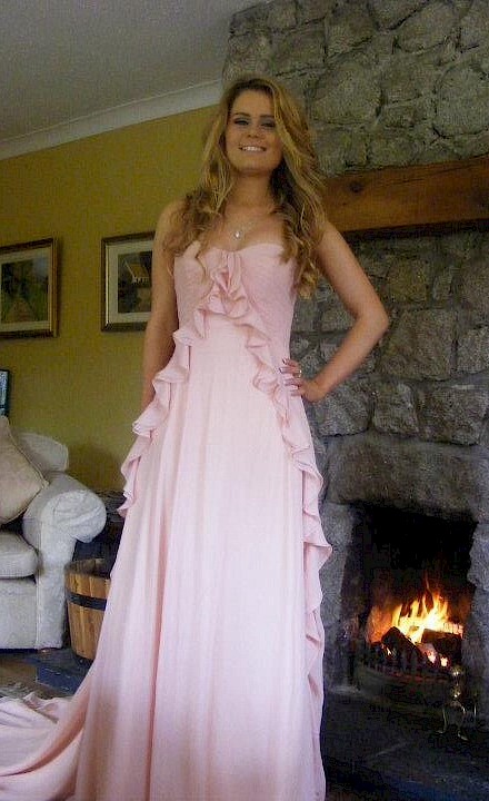 Baby pink, strapless dress with train