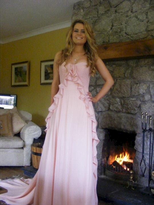 Baby pink, strapless dress with train