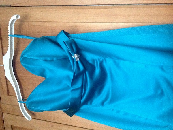 Teal coloured strapless debs dress